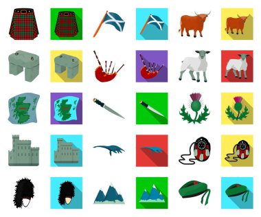 Ülke İskoçya çizgi film, düz simgeler toplama tasarımı için ayarlayın. Gezi, kültür ve gelenek sembol stok web illüstrasyon vektör.