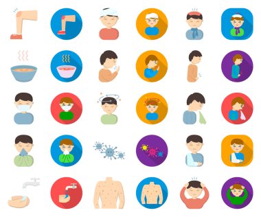 Hasta adam çizgi film, set koleksiyonu tasarım için düz simgeler. Hastalık ve tedavi sembol stok web illüstrasyon vektör.