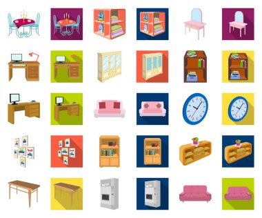 Mobilya ve iç çizgi film, set koleksiyonu tasarım için düz simgeler. Ev mobilyası izometrik sembol stok web illüstrasyon vektör.