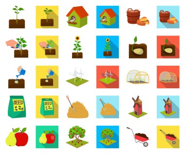 Çiftlik ve tarım çizgi film, düz simgeler toplama tasarımı için ayarlayın. Bahçe ve bitki izometrik vektör simge stok web çizim.