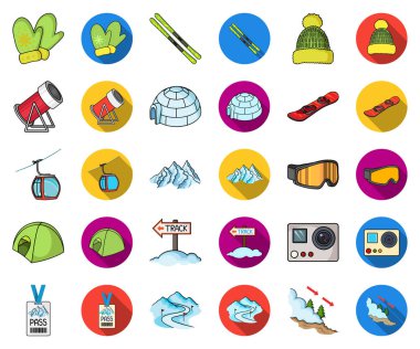 Ski resort ve ekipman çizgi film, düz simgeler toplama tasarımı için ayarlayın. Eğlence ve rekreasyon sembol stok web illüstrasyon vektör.