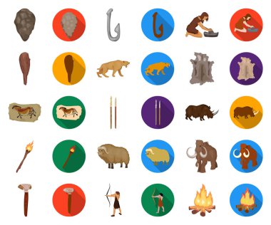 Taş devri çizgi film, set koleksiyonu tasarım için düz simgeler hayatta. Eski insanlar sembol stok web illüstrasyon vektör.
