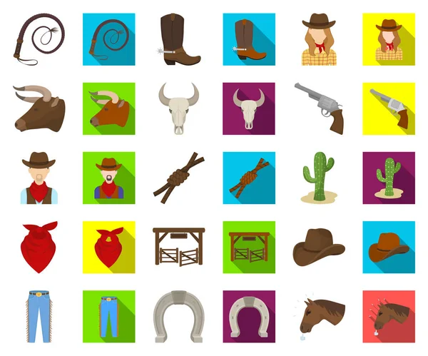 Rodeo, competitie tekenfilm, plat pictogrammen in set collectie voor design. Cowboy en apparatuur symbool voorraad web vectorillustratie. — Stockvector