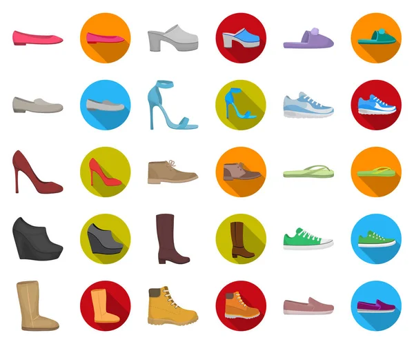 A variety of shoes cartoon, flat icons in set collection for design. Загрузка, векторные кроссовки, векторные символы, веб иллюстрация . — стоковый вектор