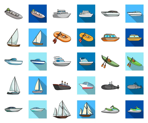 Dibujos animados de agua y transporte marítimo, iconos planos en la colección de conjuntos para el diseño. Una variedad de barcos y barcos vector símbolo stock web ilustración . — Archivo Imágenes Vectoriales