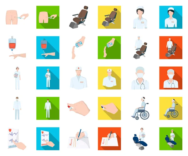 Medicin och behandling tecknad, platt ikoner i set samling för design. Sjukhus och utrustning vektor symbol lager web illustration. — Stock vektor