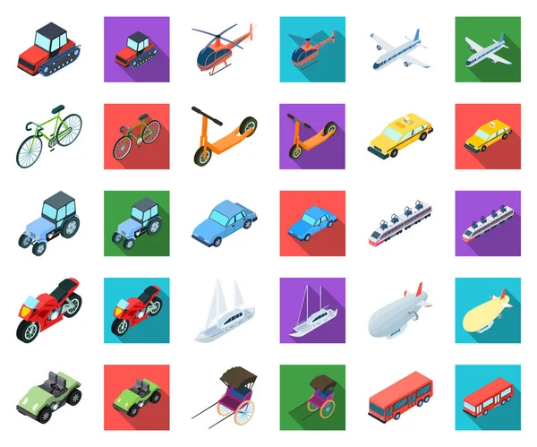 Různé typy dopravy kreslený, ploché ikony v nastavení kolekce pro design. Auto a loď symbol akcií web izometrické vektorové ilustrace. — Stockový vektor