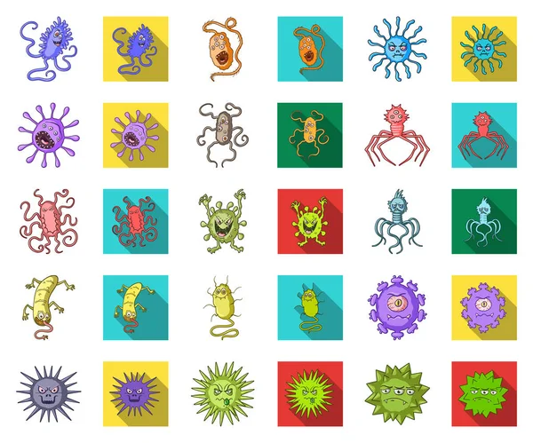 Tipos de micróbios engraçados desenhos animados, ícones planos na coleção de conjuntos para design. Ilustração patogênica da teia do estoque do símbolo do vetor dos micróbios . — Vetor de Stock