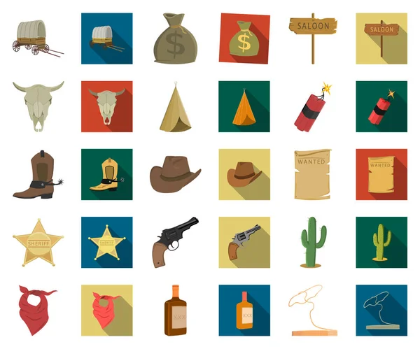Attributes Wild West Cartoon Flat Icons Set Collection Design Texas — стоковый вектор