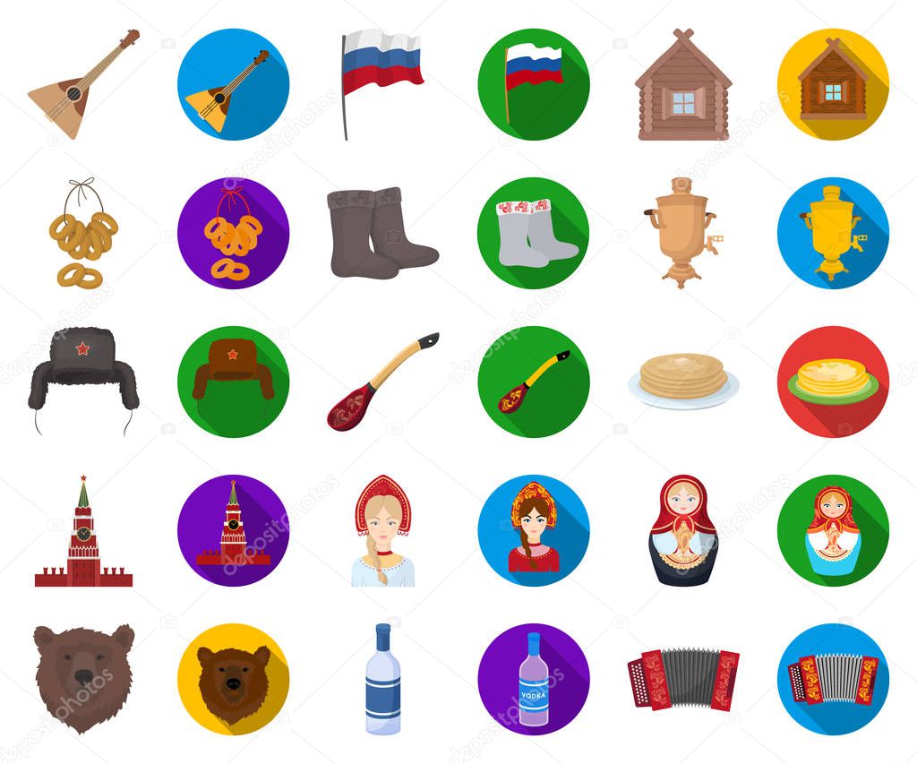 Country Russia, travel cartoon,flat icons in set collection for design. Attractions and features vector symbol stock web illustration.