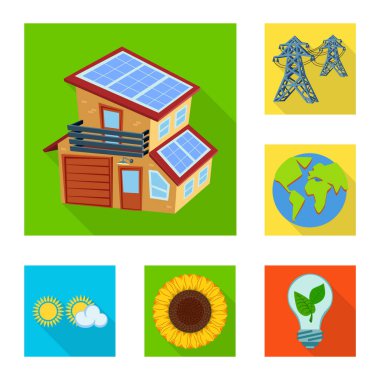 Güneş ve Paneli simgesinin vektör tasarımı. Güneş ve hisse senedi için yeşil vektör simge kümesi.