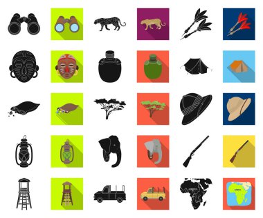 Afrika Safari Siyah, düz simgeler set koleksiyonu tasarım için. Sembol stok web illüstrasyon vektör kupa ve Safari için donatım.