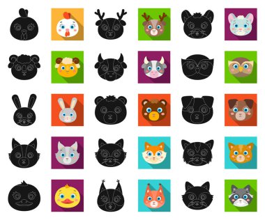 Ağızlıklar set koleksiyonu tasarım için hayvan siyah, düz simgeler. Yerli ve vahşi hayvanlar sembol stok web illüstrasyon vektör.