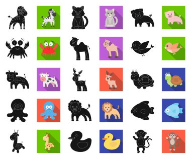 Gerçekçi olmayan bir siyah, düz hayvan simgeler toplama tasarımı için ayarlayın. Oyuncak hayvanlar sembol stok web illüstrasyon vektör.