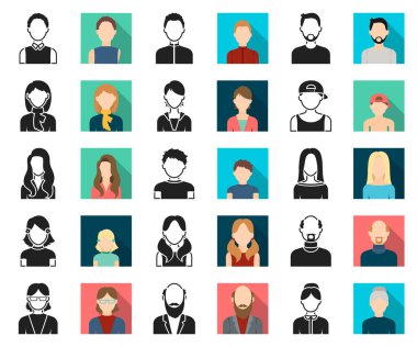 Avatar ve yüz siyah, düz simgeler set koleksiyonu tasarım için. Bir kişi görünümü vektör simge stok web çizim.