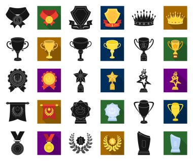 Kupalar ve ödüller siyah, düz simgeler set koleksiyonu tasarım için. Sembol stok web illüstrasyon vektör ödül ve başarı.