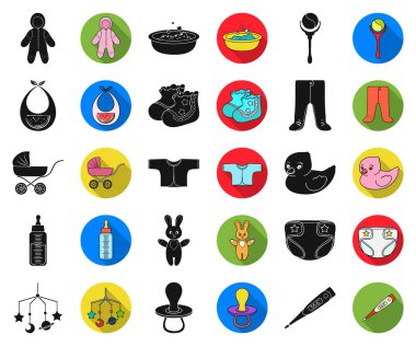 Bir bebek siyah, düz simgeler kümesi koleksiyonundaki Doğum tasarım için. Sembol stok web illüstrasyon vektör yeni doğan ve aksesuarları.