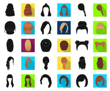 Set koleksiyonu tasarım için kadın saç modeli siyah, düz simgeler. Şık saç kesimi vektör simge stok web çizimi.