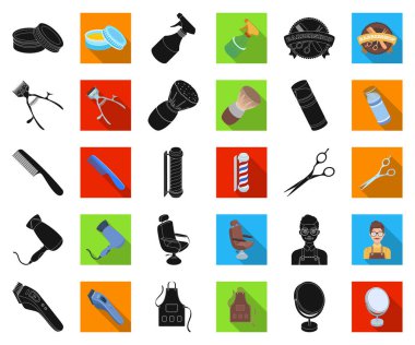 Berber ve ekipman siyah, düz simgeler set koleksiyonu tasarım için. Saç kesimi ve tıraş sembol stok web illüstrasyon vektör.
