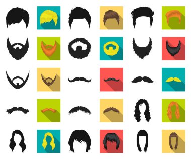 Bıyık ve sakal, saç siyah, düz simgeler set koleksiyonu tasarım için. Şık saç kesimi vektör simge stok web çizimi.