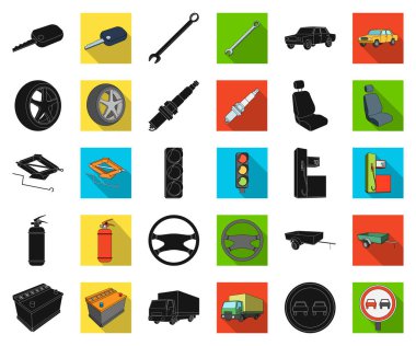 Araba, set koleksiyonu tasarım için araç siyah, düz simgeler. Araba ve ekipman sembol stok web illüstrasyon vektör.