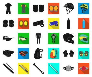 Bisiklet kıyafeti siyah, düz simgeler set koleksiyonu tasarım için. Bisiklet ve araç vektör simge stok web çizim.