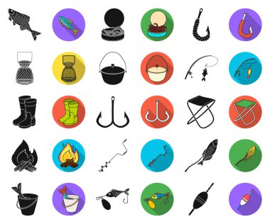 Balık tutma ve geri kalan siyah, düz simgeler set koleksiyonu tasarım için. Vektör simge stok web illüstrasyon Balık tutma için mücadele.