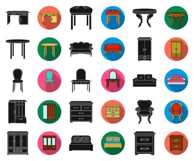 Mobilya ve enteriyör siyah, düz simgeler set koleksiyonu tasarım için. Ev mobilyaları vektör simge stok web çizimi.