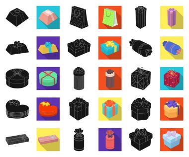 Hediye ve tasarım için set koleksiyonunda siyah, düz simgeler ambalaj. Renkli ambalaj sembol stok web illüstrasyon vektör.