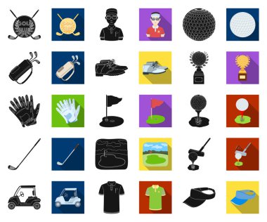 Golf ve öznitelikleri siyah, düz simgeler set koleksiyonu tasarım için. Golf Kulübü ve ekipman sembol stok web illüstrasyon vektör.