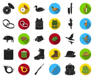 Avcılık ve kupa siyah, düz simgeler set koleksiyonu tasarım için. Avcılık ve ekipman sembol stok web illüstrasyon vektör.