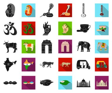 Ülke Hindistan siyah, düz simgeler set koleksiyonu tasarım için. Hindistan ve dönüm noktası sembol stok web illüstrasyon vektör.