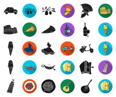 Ülke İtalya siyah, düz simgeler set koleksiyonu tasarım için. İtalya ve dönüm noktası sembol stok web illüstrasyon vektör.