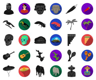 Ülke Meksika siyah, düz simgeler set koleksiyonu tasarım için. Meksika ve dönüm noktası sembol stok web illüstrasyon vektör.