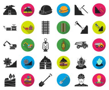 Madencilik Sanayi siyah, düz simgeler set koleksiyonu tasarım için. Cihazlar ve sembol stok web illüstrasyon vektör.