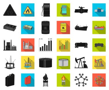 Petrol sanayi siyah, düz simgeler set koleksiyonu tasarım için. Ekipman ve petrol üretimi sembol stok web illüstrasyon vektör.