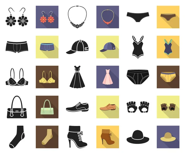 Kleidung und Accessoires schwarz, flache Symbole in Set-Kollektion für Design. Schuhe und dekoration vektor symbol stock web illustration. — Stockvektor