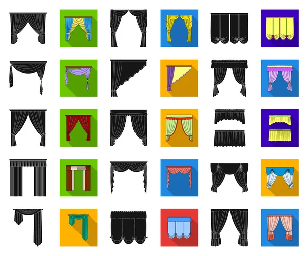 Различные виды штор черные, плоские иконки в коллекции наборов для дизайна. Занавески и лямбрекены векторные символы . — стоковый вектор