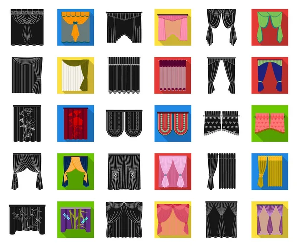 Diferentes tipos de cortinas preto, ícones planos na coleção de conjuntos para design. Cortinas e lambrequim símbolo vetorial ilustração web . — Vetor de Stock