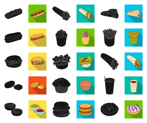 Fast food noir, icônes plates dans la collection set pour le design.Food de produits semi-finis symbole vectoriel illustration web stock . — Image vectorielle