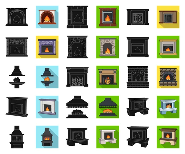Diferentes tipos de lareiras ícones pretos e planos na coleção de conjuntos para design.Fireplaces construção vetor símbolo web ilustração . — Vetor de Stock