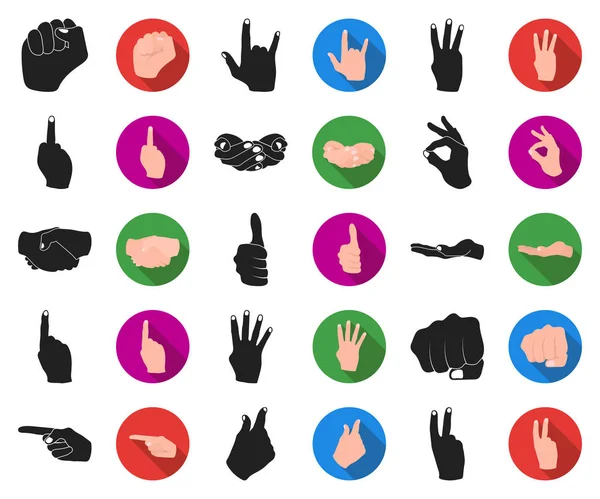 Hand gebaar zwart, plat pictogrammen in set collectie voor design. Palm en vinger symbool voorraad web vectorillustratie. — Stockvector