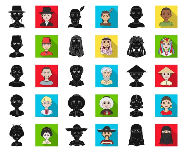 A raça humana preto, ícones planos em coleção de conjuntos para o design. Pessoas e nacionalidade símbolo vetorial ilustração web . —  Vetores de Stock