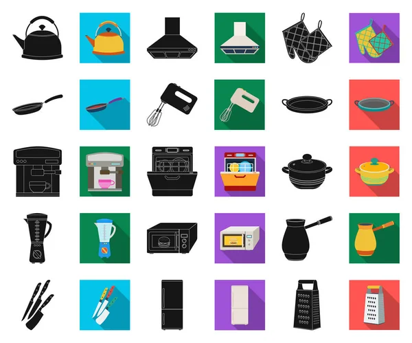 Equipo de cocina negro, iconos planos en la colección de conjuntos para el diseño. Cocina y accesorios vector símbolo stock web ilustración . — Vector de stock