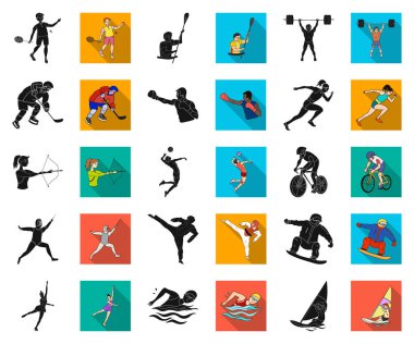 Set koleksiyonu tasarım için spor siyah, düz simgeler farklı türde. Atlet, yarışmalar sembol stok web illüstrasyon vektör.