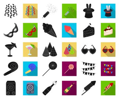 Set koleksiyonu tasarım için parti, eğlence siyah, düz simgeler. Vektör simge stok web illüstrasyon kutlama ve tedavi.