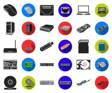 Kişisel bilgisayar simgeleri tasarım için set koleksiyonunda siyah, düz. Ekipman ve aksesuarları sembol stok web illüstrasyon vektör.