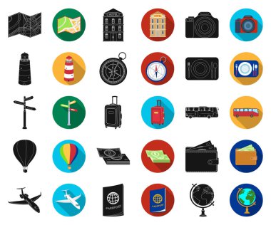 Dinlenmek ve set koleksiyonu tasarım için siyah, düz simgeler seyahat. Ulaşım, turizm sembol stok web illüstrasyon vektör.