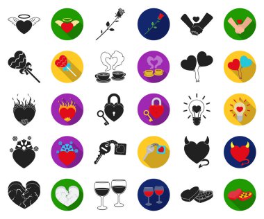 Set koleksiyonu tasarım için romantik ilişki siyah, düz simgeler. Sevgi ve dostluk sembolü hisse senedi web illüstrasyon vektör.