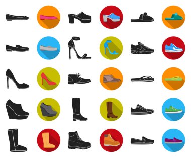 Ayakkabı siyah, düz simgeler set koleksiyonu tasarım için çeşitli. Önyükleme, spor ayakkabı sembol stok web illüstrasyon vektör.